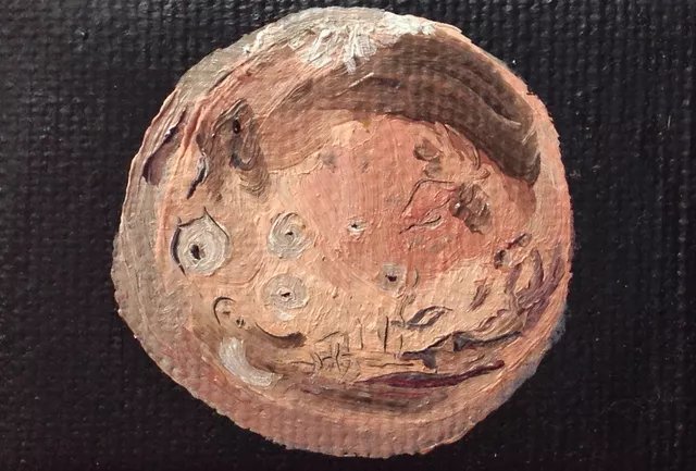 Claudia Luethi Alias Abdelghafar, 'Mars', 2014, original Painting, 6 x 4  x 1 cm. Artwork description: 1758 Miniature oilpainting on canvas from the mars. What do you think, is he laughing at you  The small but nice oilpaintings from the stars. When I saw this little canvas in an art shop in Switzerland I wanted them. I bought them wondering what I could paint ...
