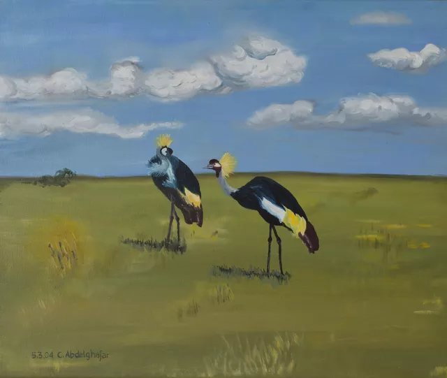 Claudia Luethi Alias Abdelghafar, 'Royal Cranes', 2004, original Painting, 60 x 50  x 2 cm. Artwork description: 1758 Oilpainting on canvas from royal cranes out in Africa. I love these birds  The size of the painting is without frame 50 x 60 x 2 cm and with frame 53 x 63 x 3 cm, the painting was finished on 05. 03. 2004. This painting has ...