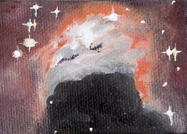 Claudia Luethi Alias Abdelghafar, 'The Cone Nebula', 2012, original Painting, 5 x 7  x 1 cm. Artwork description: 1758 Miniature oilpainting on canvas from the cone nebula. The small but nice oilpaintings from the stars. When I saw this little canvas in an art shop in Switzerland I wanted them. I bought them wondering what I could paint on this little canvas but not worrying about ...