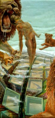 Laisk Serg;  From Darkness To Light, 1998, Original Painting Oil, 65 x 90 cm. Artwork description: 241    metropolis, light, darkness, the lion, jaws, canine, takeoff, flight, home, skyscraper         ...