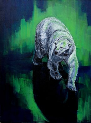 Christine Montague; In The Northern Lights, 2021, Original Painting Oil, 18 x 24 inches. Artwork description: 241 A polar bear s solitary journey is spotlit - as if flash frozen-  in the stunning green light of the aurora borealis.  The conditions are perfect for our polar bear , the sea is frozen, so necessary for its success to travel,  mate and hunt. I use a powerful ...