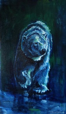 Christine Montague; Polar Bear On The Move, 2014, Original Painting Oil, 12 x 20 inches. Artwork description: 241 Beautiful big polar bear moves gracefully on his solitary journey in the arctic night.  My art work is always about climate change as well as about tribute to these magnificent bears.  This marine bear is walking in the frozen sea - so necessary to his life for hunting, ...