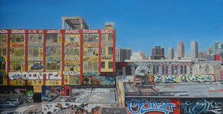 Laura Shechter; View From The No 7 Train, 2011, Original Painting Oil, 32 x 17 inches. Artwork description: 241   grafitty Long Island City, colorful 5 Points ...