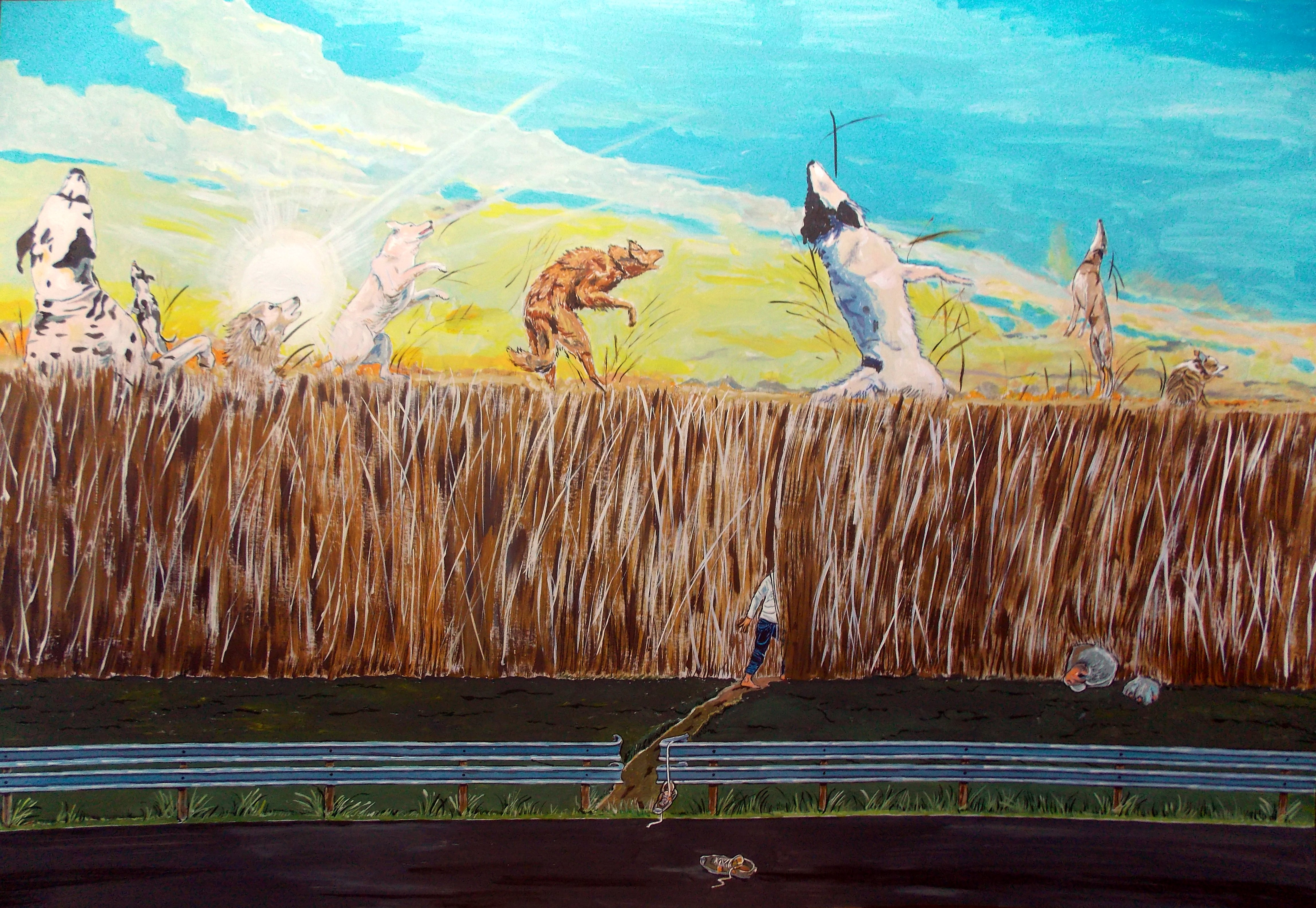 Lazaro Hurtado; Going Away With The Dogs, 2015, Original Painting Acrylic, 100 x 70 cm. Artwork description: 241 Illustrated thoughtsOriginal painting by Lazaro Hurtado.  Processing 3 business days.  Sent rolled in a tube with certificate of authenticityDogs, pets, surrealism, expressionism, conceptual, landscape, ...