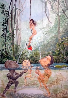 Lazaro Hurtado; The Game Of The River, 2014, Original Painting Acrylic, 70 x 100 cm. Artwork description: 241  Illustrated thoughtsOriginal painting by Lazaro Hurtado.  Processing 3 business days.  Sent in a package, ready to hang with certificate of authenticityPeople, nudes, jungle, woman, trees, surrealism, expressionism, conceptual...