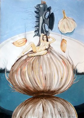 Lazaro Hurtado; The Onion Maiden And Her Hair, 2013, Original Painting Acrylic, 50 x 70 cm. Artwork description: 241 Illustrated thoughtsOriginal painting by Lazaro Hurtado.  Processing 3 business days.  Sent rolled in a tube with certificate of authenticityfigurative, expressionism, conceptual, surrealism, people, woman...