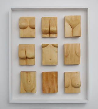 Lee Forester; Nicole In Pieces, 2019, Original Sculpture Wood, 79 x 93 cm. Artwork description: 241 Based on a live model in my studio, I carved this wall- hung sculpture from nine blocks of English Lime- Wood and mounted them in a painted plywood frame. The nine individual carvings are not permanently fixed to the frame so the arrangement of the pieces can ...