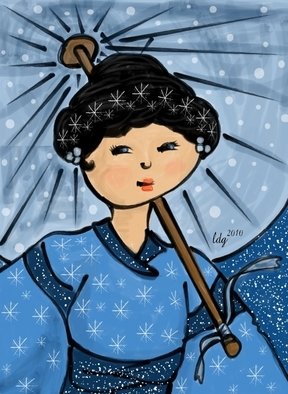 L Gonzalez; Asian Snow Princess, 2011, Original Digital Art, 52 x 61 inches. Artwork description: 241  A winter design of a Japanese woman in blue kimono with a matching parasol. She is supposed to be a kind of snow goddess of sorts. Just something fun I made for my shops.  ...