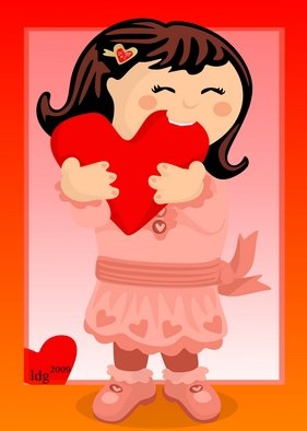 L Gonzalez; Nibbling Heart Girl Valentine, 2009, Original Illustration, 10 x 14 inches. Artwork description: 241  A little girl seeing if this is the sweetest heart for her. ...