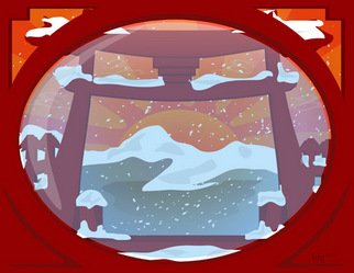 L Gonzalez; Winter Pagoda, 2011, Original Digital Art, 22 x 17 inches. Artwork description: 241  This was an image created for one of my calendars. It's a pagoda with the rising sun for Japan in the background and a window in front of the winter scene. ...