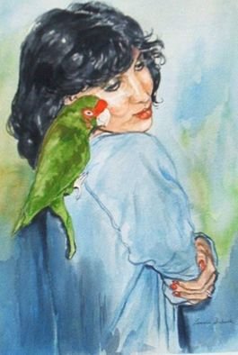 Lenore Schenk; Lady And Bird, 2009, Original Watercolor, 15.8 x 20 inches. Artwork description: 241  a commissioned watercolor portrait, on illustration board       ...