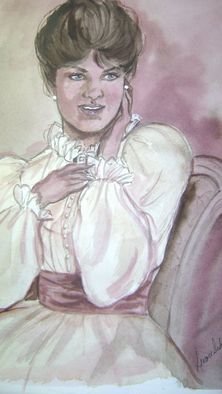 Lenore Schenk; Old Fashion Maiden, 2002, Original Watercolor, 14 x 16 inches. Artwork description: 241  Painting of a maiden from long ago. just a modern lady poised as an Old fashion girl.       ...