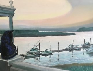 Patricia Leone; Nicky On Balcony, 2018, Original Painting Oil, 24 x 18 inches. Artwork description: 241 My cat, Nicky, enjoying the scene of Wilmington River along the intercostal waterway in the fishing village of Thunderbolt, Georgia...