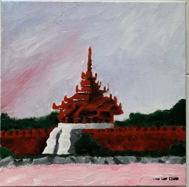 We Lin Chan; Mandalay Moat, 2019, Original Painting Acrylic, 14 x 14 inches. Artwork description: 241 Mandalay PalaceaEURtms Wall building Architecture with  surrounding with Moat landscapes by Student Win Lin Chan...