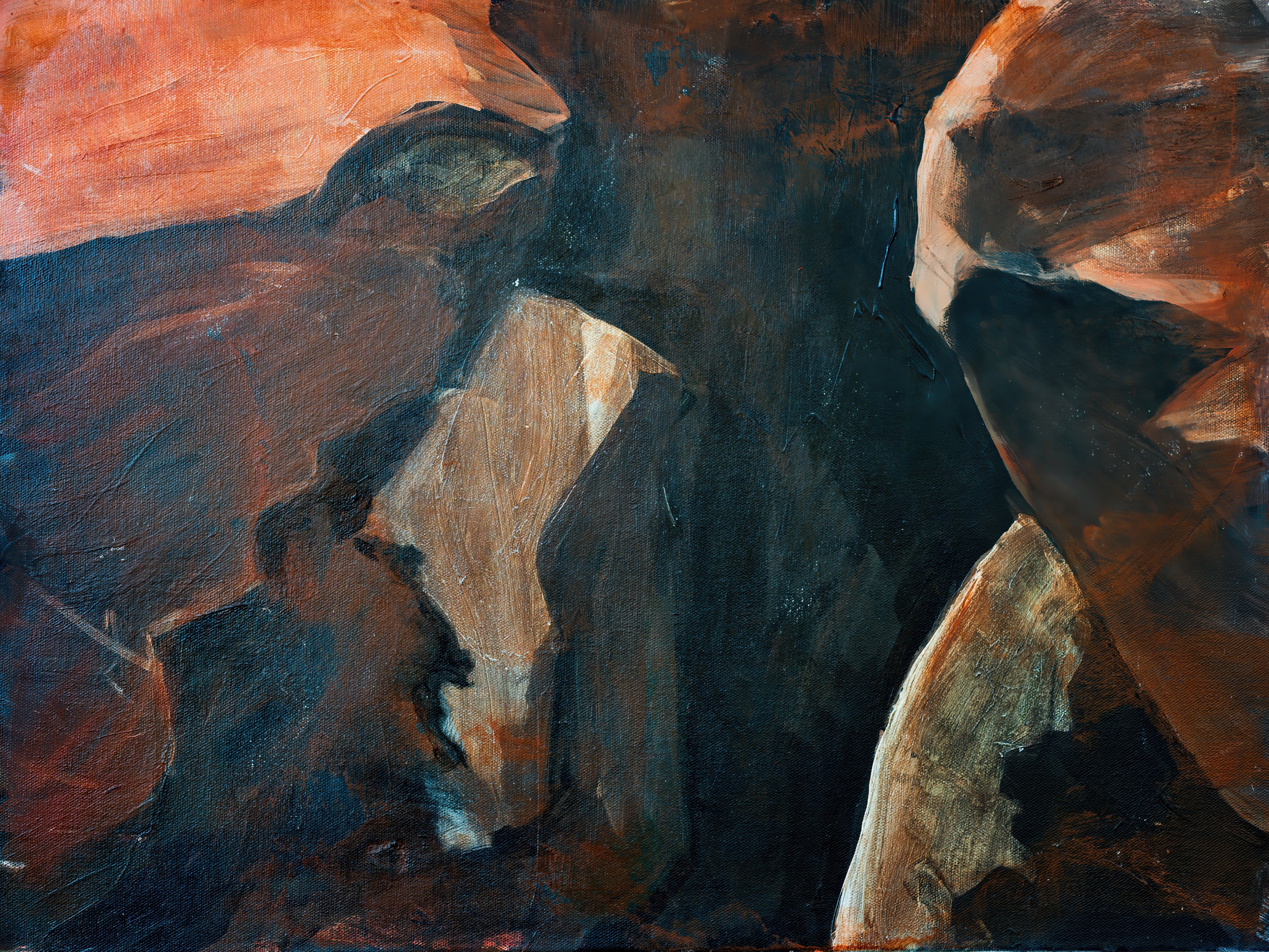 Linda Armstrong; Crevice, 2021, Original Painting Acrylic, 24 x 18 inches. Artwork description: 241 A dramatic contemporary landscape detail acrylic painting on gallery- wrapped canvas  no frame needed  based on a red rock formation in the Colorado National Monument...