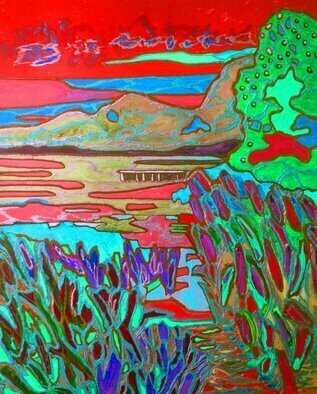 Lisa Mee; Red Camargue Sunset SOLD, 2022, Original Mixed Media, 36 x 48 inches. Artwork description: 241 Bold red hues blaze across the sky in this arresting marsh landscape...