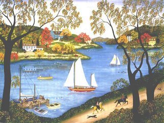 Linda Mears; Autumn Holiday, 1990, Original Painting Oil, 48 x 36 inches. Artwork description: 241  Oil Painting of Autumn Landscape, Oil Painting of Sailing in Autumn, Folk Art Country Linda Mears Landscape Painting, Oil Painting of Sailing on Hudson River, Hudson River Landscape Painting with Horses, Whimsical Folk Art Landscape Painting...