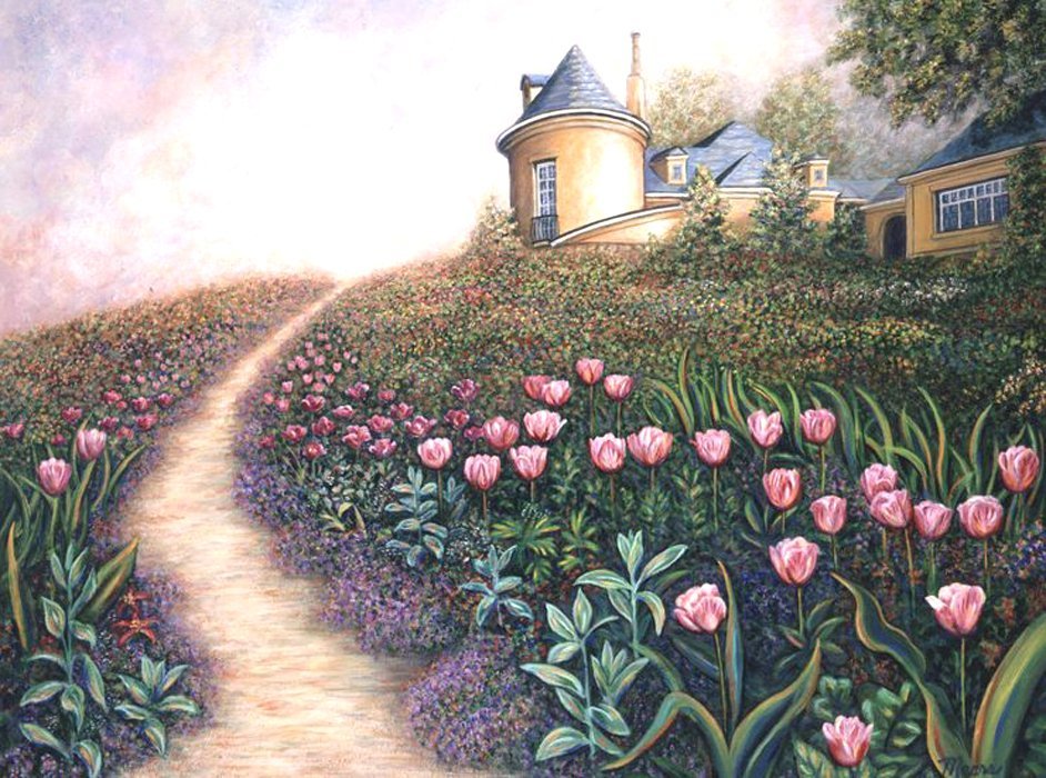 Linda Mears; Mayflowers, 2012, Original Painting Oil, 40 x 30 inches. Artwork description: 241 Linda Mears, professional listed fine artist, landscape painting of flowers, original oil landscape painting, Linda Mears landscape fine artist, garden path painting, tulip flower painting, painting of country scene, painting of country home...