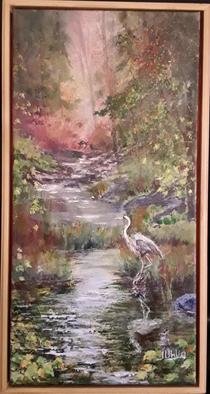Judy Uhlig; Great Heron, 2019, Original Mixed Media, 14 x 26 inches. Artwork description: 241 I painted directly on rice paper with watercolor and acrylics and then applied it to canvas.  Herons are common where I live and it s a special treat to find one in a. quiet back water or stream. ...