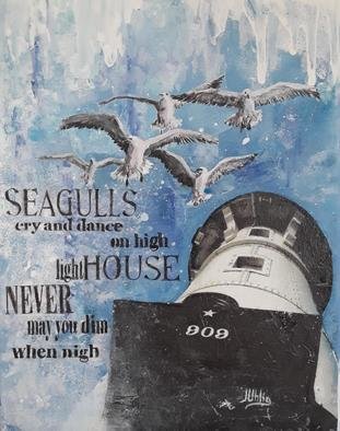 Judy Uhlig; Lighthouse, 2019, Original Mixed Media, 8 x 11 inches. Artwork description: 241 Conceptual abstract word art combined with digital photography.  On a trip to Duluth, MN, my husband took this photo of one of the harbor lighthouses and local seagulls.  I printed the photo on rice paper and applied it to a canvas and overlaid it with acrylic paint.  ...