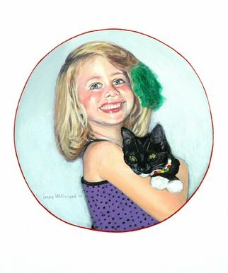 Lorrie Williamson; Playing DressUp, 2010, Original Painting Acrylic, 20 x 24 inches. Artwork description: 241  The portrait of a child with her cat.Playing dress- up in things not normally worn.  The circle represents the looking- glass or mirror as we remember our own childhood.  ...