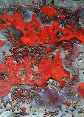 Lynda Stevens; Lava Slick, 2018, Original Mixed Media, 50 x 75 cm. Artwork description: 241 The basis for this work is melted candle wax, poured over paper squares glued onto the canvas, and broken glass fragments - then painted over with bright red acrylic, with some gold shades added ...