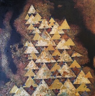 Lynda Stevens; Triangles On Rough Surface, 2019, Original Mixed Media, 40 x 40 cm. Artwork description: 241 Triangles were applied to a surface covered in textursl or crack paint, then painted over with gold, and given chestnut brown borders...
