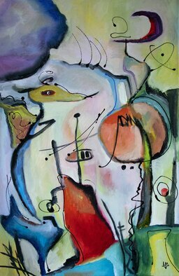 Ludmilla Wingelmaier; Figurative Composition 125, 2022, Original Painting Oil, 15.7 x 23.6 inches. Artwork description: 241 Figurative composition 125 with abstract forms was created intuitively. One painting shows magical figures and painted emotions, influenced by the works of Joan Miro and Wassily Kandinsky. The painting can be hung up. For shipping, the painting is carefully packed in a cardboard box, the certificate of ...