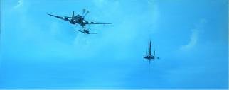 Tom Lund-Lack, 'Blue Morning Photo Shoot', 2005, original Painting Oil, 40 x 16  x 1 cm. Artwork description: 2793 Two Spitfire PR 9 XIXs overfly a group of Thames barges on a warm summer morning in 1944....