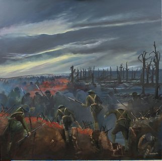 Tom Lund-Lack, 'The Ghosts Of Doomed Youth', 2013, original Painting Oil, 40 x 40  x 1 cm. Artwork description: 2448   This painting commemorates the 100th anniversary of the first world war.  The poignant image, which shows young men going over the top in France is both sad and reflective. The original will be presented to the town of Stowmarket and will be held in the town's ...