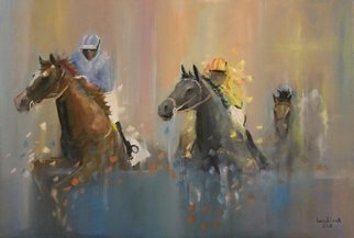 Tom Lund-Lack, 'Up And Over', 2015, original Painting Oil, 50 x 70  x 0.1 cm. Artwork description: 2103  Jockeys and horses going over the fence, contemporary racing image of National Hunt or Point to Point racing.  ...