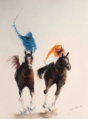 Tom Lund-Lack; Energy 24, 2019, Original Pastel, 50 x 70 cm. Artwork description: 241 Harder to do than they look, no mistakes allowed.  In this series of pastels the title reflects the energy of the sport of horse racing and the execution of the piece.  The support is 300GSM Mi Teintes white pastel paper. ...
