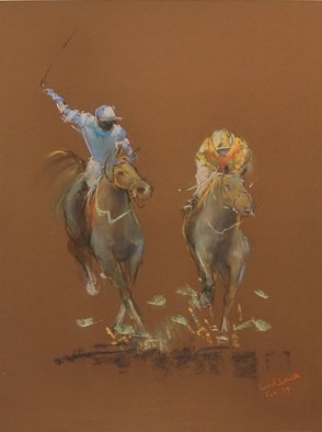 Tom Lund-Lack; Energy 25, 2019, Original Pastel, 50 x 70 cm. Artwork description: 241 Harder to do than they look, no mistakes allowed.  In this series of pastels the title reflects the energy of the sport of horse racing and the execution of the piece.  The support is 300GSM Mi Teintes pastel paper. ...