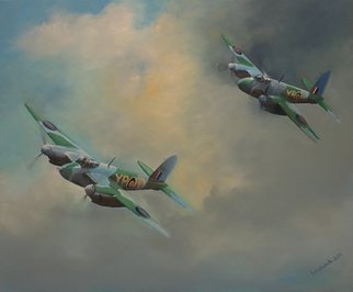 Tom Lund-Lack; Raf Mosquitos 1943, 2018, Original Painting Oil, 60 x 50 cm. Artwork description: 241 Two De Havilland Mosquitos from 23 Sqn. YP- D YP- V were both operating from Malta in November 1943. These very successful aircraft were produced in a great number of variants, versatile, lightweight, fast and built around a mostly wooden airframe. Degree of difficulty is high as ...