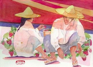 Lucille Rella, 'Strawberry Pickers', 2001, original Watercolor, 11 x 9  inches. Artwork description: 3495 Transparent watercolor.  On a recent trip to Yunnan province China I was inspired to paint this scene....
