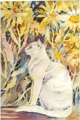 Lucille Rella, 'White Cat', 1998, original other, 14 x 18  inches. Artwork description: 3495 Transparent watercolor.  I enjoy combining animals in my floral paintings.  It adds interest and gives me a chance include my family pets. This is available in a limited edition print....
