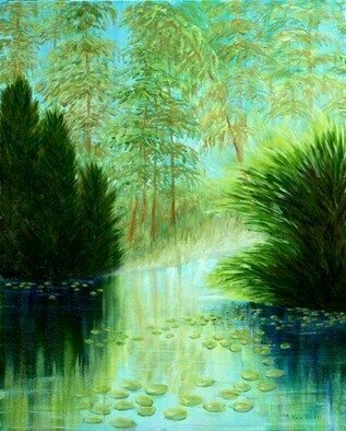 Lora Vannoord, 'Sun On The Lake', 2012, original Painting Oil, 16 x 20  x 1 inches. Artwork description: 2307 Original oil painting inspired by the morning sun shinning so mysteriously from behind the trees on Tarpon Lake in Palm Harbor, Florida. This was at the Anderson Park. White painted wide wood frame included. ...