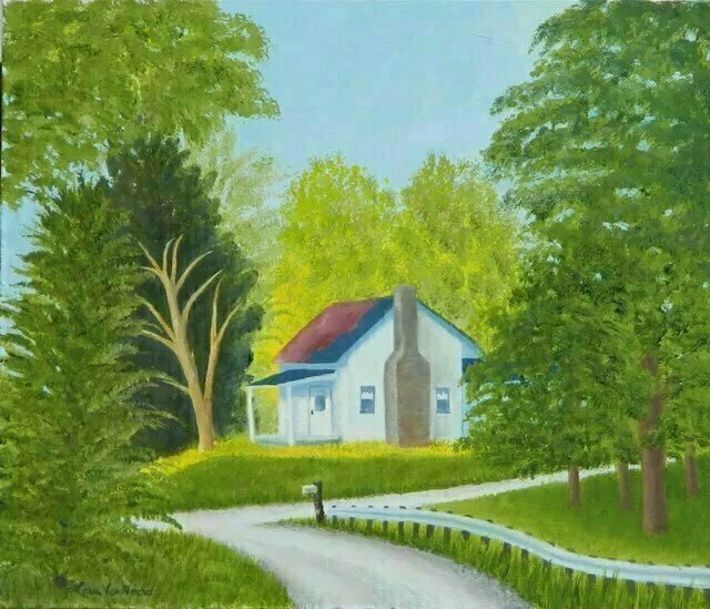 Lora Vannoord; Country Home, 2019, Original Painting Oil, 13 x 11 inches. Artwork description: 241 This is an original oil painting of a country scene in Michigan.  The early sun is just entering the lawn and the scene is still awaiting the day.  There is such a contrast between the light on the house and lawn with the trees on the sides ...