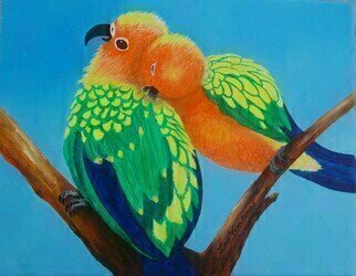 Lora Vannoord; Lovebirds, 2018, Original Painting Oil, 10 x 8 inches. Artwork description: 241 original oil painting of a pair of Lovebirds in a tree, one grooming the other.  Sold at the Tarpon Art Gallery in Tarpon Springs FL...