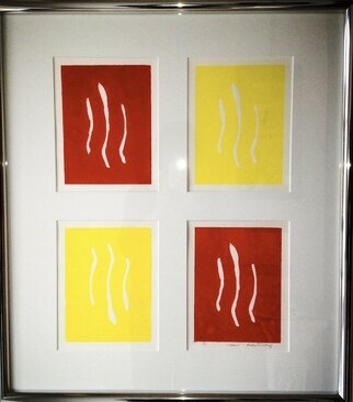 Linda Dimitroff; Different Hats, 2021, Original Woodcut, 25 x 28 inches. Artwork description: 241 This four- piece woodcut is the continuance of movement. It is in a chrome metal frame, matted. ...
