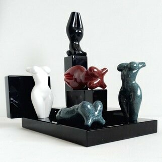 Sergey Abrosimov; 5 GIRLS DIFF ON 5 PODIUMS..., 2023, Original Sculpture Mixed, 29 x 32 cm. Artwork description: 241 5 GIRLS DIFF ON 5 PODIUMS BLACK COMP NO 4 echoes the plastic searches of famous masters Henry Moore and Fernando Botero.  The novelty of the sculptural concept of Maas Tiir lies in the possibility of free movement, rotation and installation of figurines and podiums in different ...