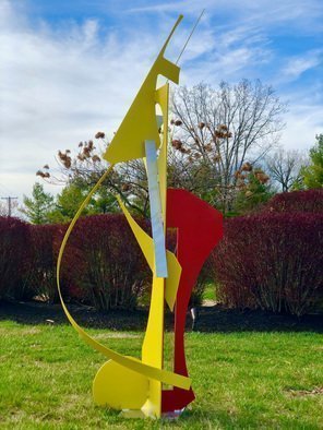 Mac Worthington; Dance Step, 2021, Original Sculpture Aluminum, 30 x 78 inches. Artwork description: 241 Welded aluminum painted chrome yellow   flame red. Available. Signed   dated. Certificate of Authenticity.Delivery, hanging   shipping availableStudio: 5935 Houseman Rd, historic Ostrander, Ohio.For further information on this piece or to discuss a custom design please call 614 | 582 | 6788 or email: macwartist aol. com...