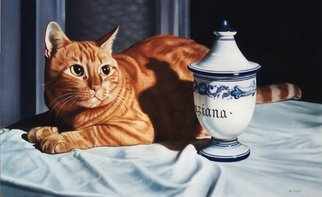Mario Cossu; Cat And The Jar Of Gentian, 2006, Original Painting Oil, 80 x 60 cm. Artwork description: 241  A cat close to a porcelain jar. ...