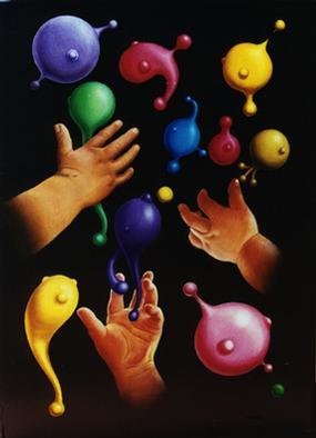 Mario Cossu; Dream Of February 21th 2000, 2000, Original Painting Oil, 50 x 70 cm. Artwork description: 241 hands of babies and colored flying objects...