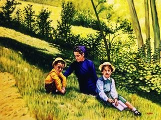 Mario Cossu; Mother Son And Daughter, 2000, Original Painting Oil, 70 x 50 cm. Artwork description: 241 mother, son and daughter sitting in a meadow...