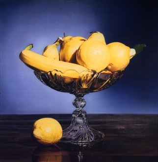 Mario Cossu; Yellow Fruit, 2004, Original Painting Oil, 100 x 100 cm. Artwork description: 241  Pears, bananas and lemons ...