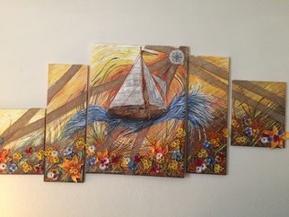 Mag Muller; Sailing, 2013, Original Painting Acrylic, 58 x 40 inches. Artwork description: 241 5 pieces acrylic on canvas with mixed media, texture16x20 2 pieces12x36 2 pieces40x30 1 piecesship, ocean, flowers, water, magic, sailing...