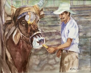 Mary Jean Mailloux; Brahman And Master At Rest, 2022, Original Watercolor, 12 x 9 inches. Artwork description: 241 After diligently turning the wheel to crush the sugar cane and make syrup, the Brahman bull takes a much needed break from his arduous task...