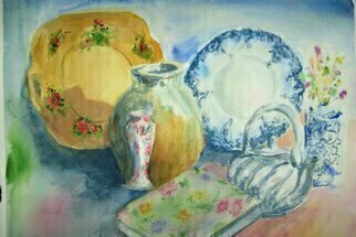 Mary Jean Mailloux, 'Cottage Crockery', 2013, original Watercolor, 20 x 16  x 1.1 inches. Artwork description: 2103 a casual arrangement of those charming pieces which clutter up the cottage.  The contrasting colours made it so much fun to paint.  ...