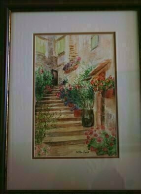 Mary Jean Mailloux, 'Escaliers De Provence', 2009, original Watercolor, 10 x 14  x 0.1 inches. Artwork description: 2103  Who lives in this Provencal paradis? What is at the top of the stone steps. The flowers and the pots are inviting you to visit ...